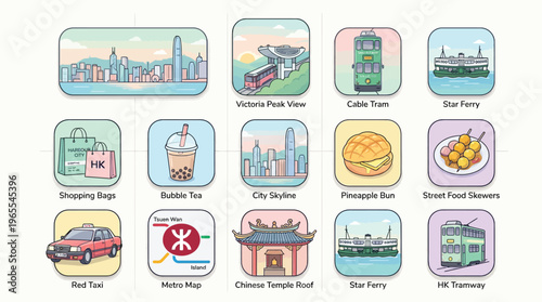 A collection of Hong Kong travel icons featuring landmarks, local food, and transportation in a flat, illustrative style.