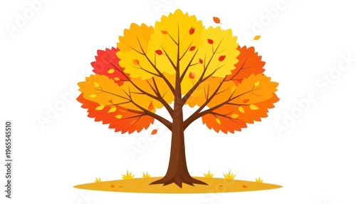 A vibrant illustration depicts a stylized tree with colorful autumn foliage in shades of yellow, orange, and red, set against a clean white background.