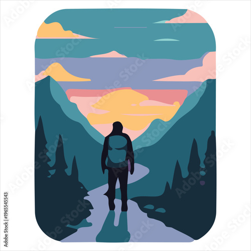A lone hiker walking towards a serene mountain sunset landscape