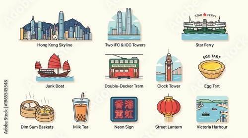 A collection of cartoon illustrations depicting iconic Hong Kong landmarks, traditional transport, popular food items, and cultural symbols in a vibrant, flat style.