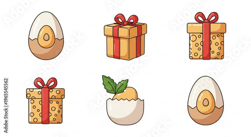 Cartoon gift boxes and eggs with coins inside on white background symbolizing surprise and wealth