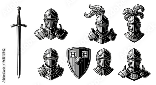 Medieval Knight Armor Elements Set: Helmets, Longsword, and Shield in Vintage Engraving Style