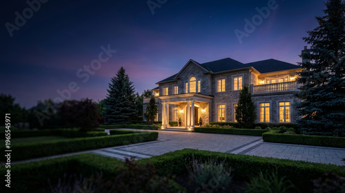 Peaceful twilight luxury mansion exterior architecture featuring elegant illuminated residential property estate home evening inviting landscaped driveway garden suburban neighborhood
