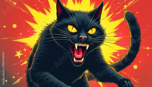 Black cat with bright yellow eyes yells with mouth open showing fangs. Fierce animal stares intensely, its fur bristling against a red and yellow sunburst background.