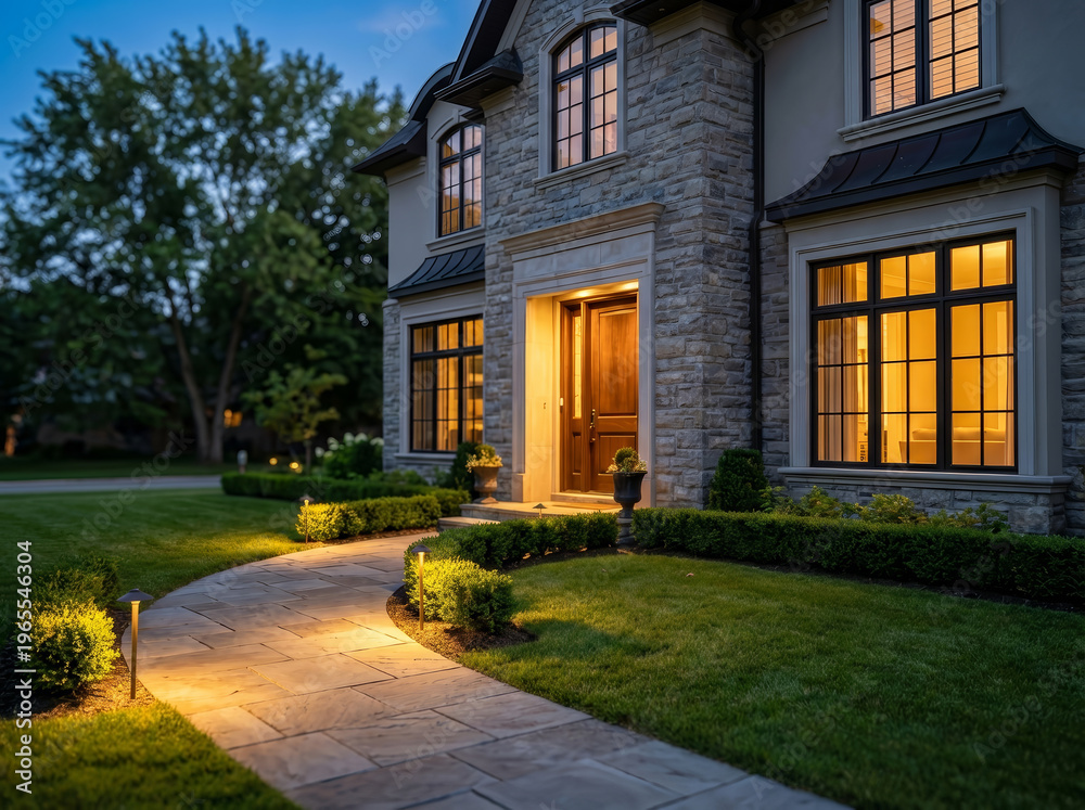 Obraz premium Beautiful luxury home exterior illuminated twilight with glowing windows stone facade welcoming walkway manicured green lawn inviting and peaceful atmosphere capturing elegant modern residential
