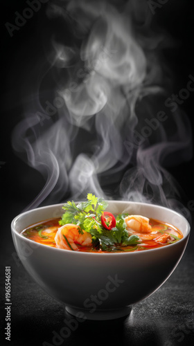 Tom yum Thai soup served in beautiful white soup bowl, black background, professional studio lighting, food photo