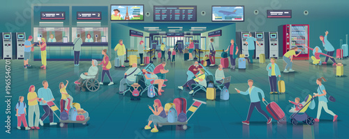 Modern airport terminal interior with diverse passengers in waiting area and security control. People with luggage, families, travelers using smartphones and laptops, reunion and travel moments. Flat 