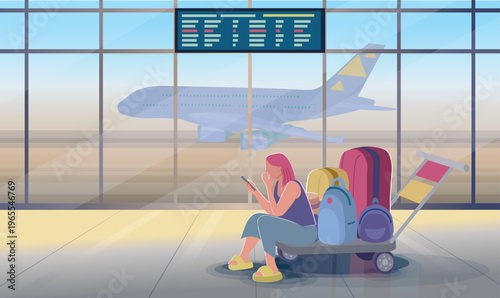Flat vector illustration of tired female passenger sitting on luggage cart at airport terminal and using smartphone. Travel delay, waiting time and boredom concept with airplane on background.