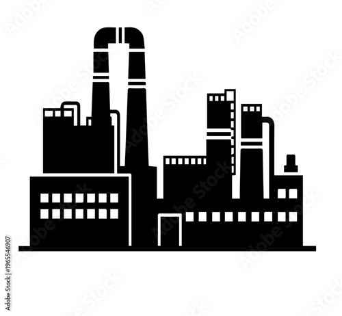 Detailed Industrial Plant Silhouette Vector Illustration Featuring Tall Chimneys And Storage Tanks For Oil Gas Refinery Design Element