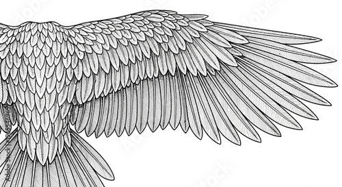 Detailed Line Art of Majestic Bird Wing and Feathers, Engraving Style Eagle or Angel Wings Illustration on White Background