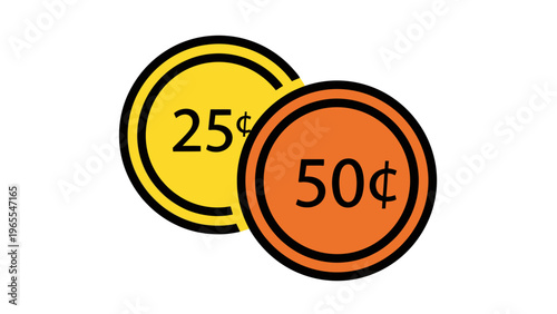 Two Colorful Game Tokens, 25 Cent and 50 Cent Value, Isolated on White Background, Vector Illustration for Gaming and Finance Concepts