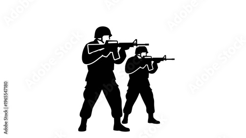 Two Soldiers Silhouette Vector Illustration Ready for Action, Military Theme Graphic Design Element for Combat and Defense Concepts