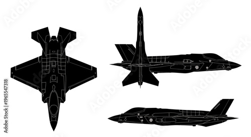 Modern Stealth Fighter Jet Silhouette Set - F-35 Style Military Aircraft Illustrations from Top, Front, and Side Views