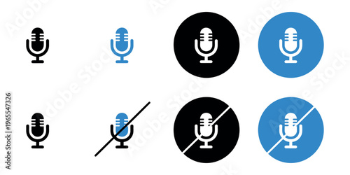 Microphone icon set featuring mute, karaoke, and vocal symbols in grey, blue, and black buttons, vector illustration for apps, voice, and audio design