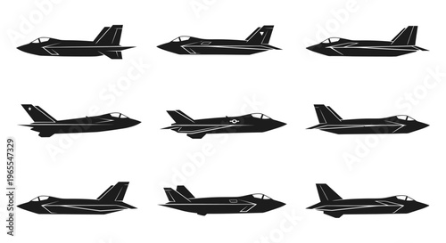 Modern Stealth Fighter Jet Silhouettes Collection - Military Aviation Icons and Aerospace Vector Set in Profile View
