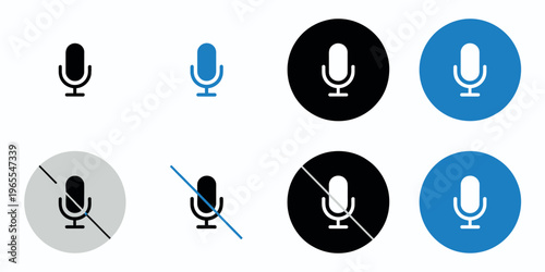 Microphone icon set featuring mute, karaoke, and vocal symbols in grey, blue, and black buttons, vector illustration for apps, voice, and audio design