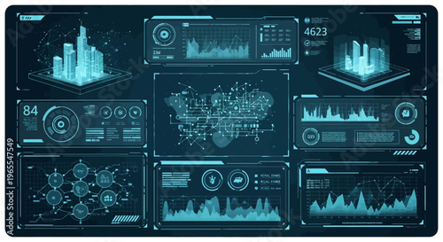 Futuristic HUD Interface with Smart City 3D Models, Big Data Visualization, and Digital Dashboard Charts for Urban Management and Technology Concepts