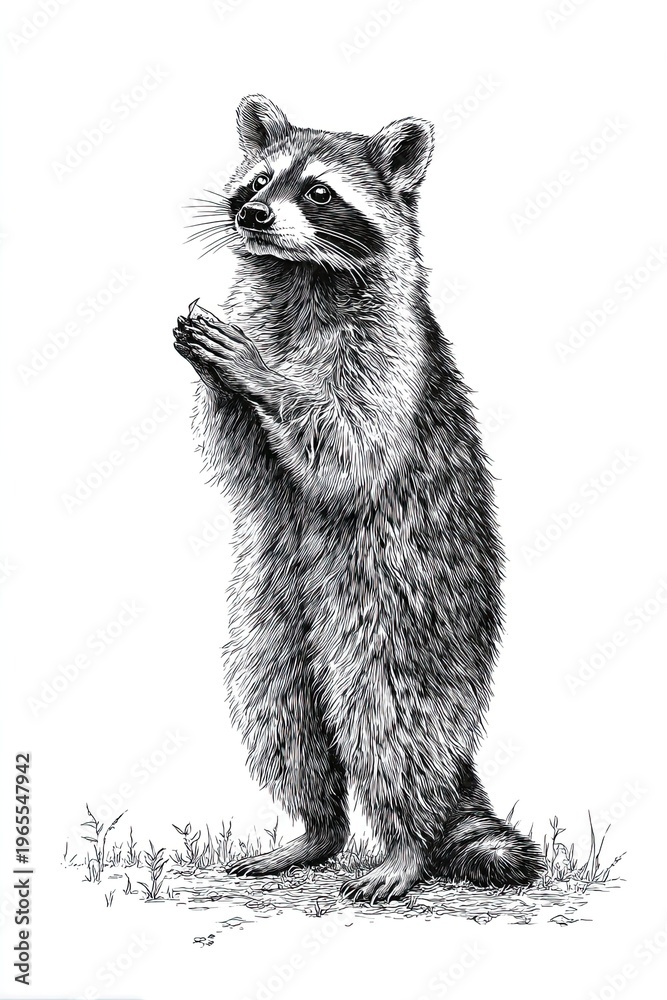 Fototapeta premium Standing raccoon engraving sketch illustration of wild forest animal isolated background