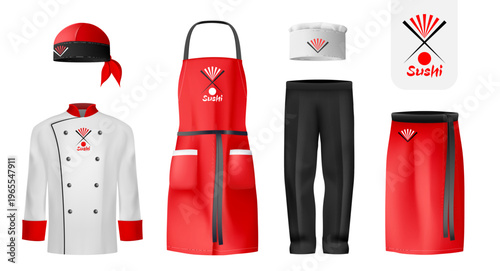 Professional chef uniform set with red apron and toque hat, restaurant clothing concept