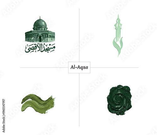 A set of elements featuring the Al-Aqsa Mosque and artistic brushstrokes—perfect for Islamic design, branding, and illustrations.
