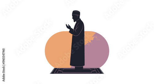 Silhouette of a Muslim Man Performing Dua Prayer on a Prayer Rug with Islamic Geometric Pattern Background, Concept of Spirituality, Faith, and Ramadan Kareem