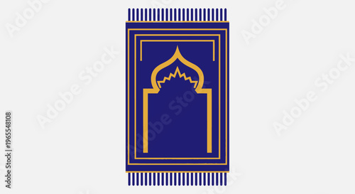 Blue and Gold Islamic Prayer Mat Illustration with Mihrab Design, Minimalist Sajadah Icon Isolated on White Background for Ramadan and Eid Mubarak
