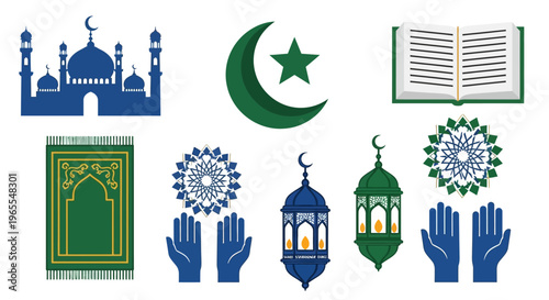 Islamic Religious Icons and Symbols Set for Ramadan Kareem and Eid al-Fitr Celebration - Mosque, Quran, Lanterns, and Prayer Elements