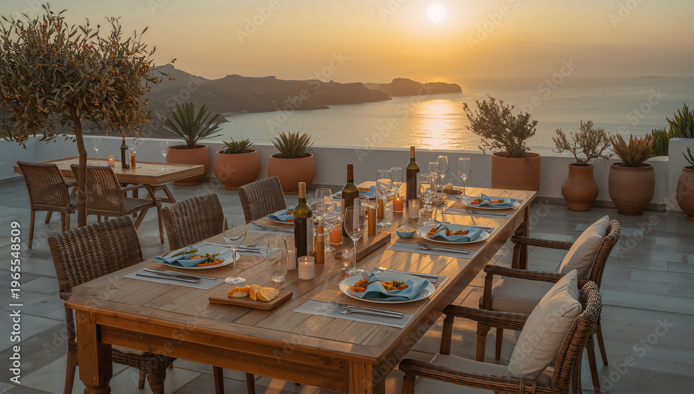 Fototapeta premium 地中海の夕景を思わせる海辺テラスで整うワインと食卓の風景写真