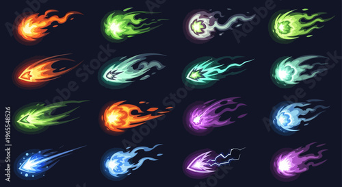 Collection of Colorful Magic Energy Projectiles and Fireballs for Game Design - Stylized VFX Sprites with Motion Trails for Fantasy and Sci-Fi Video Games