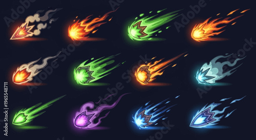 Set of Stylized Cartoon Fireball and Magic Spell Projectiles for Game Design and Animation