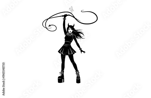 Gothic Girl with Devil Horns and Whip Silhouette, Platform Boot Alternative Fashion Vector Sticker, High Energy Subculture Illustration