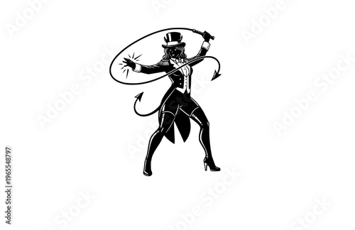 Devil Ringmaster Woman with Whip Silhouette Sticker, Circus Theme Alternative Vector, Dynamic Action Sports Entertainment Illustration