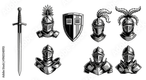 Medieval Knight Armor Vector Set - Helmets, Shield and Longsword Illustrations