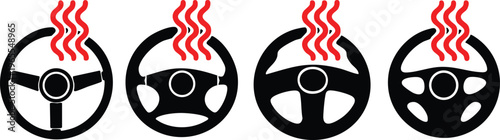 Collection of steering wheel icons with heat waves representing overheating or hot car interior vector illustration for automotive concepts