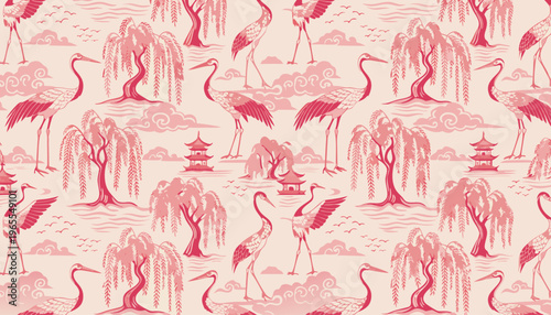 Vintage pink cranes and pagodas seamless pattern