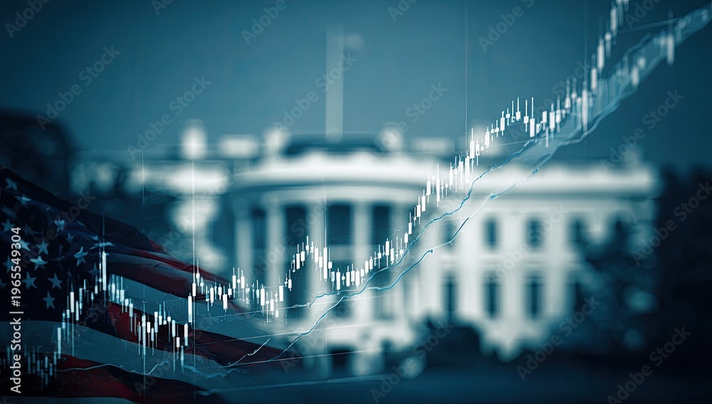 Naklejka premium American flag waves in foreground, graph overlaying the blurred White House