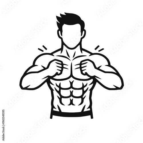   "Muscular Male Body Silhouette Line Art, Strong Fitness Man Chest Pose Minimal 