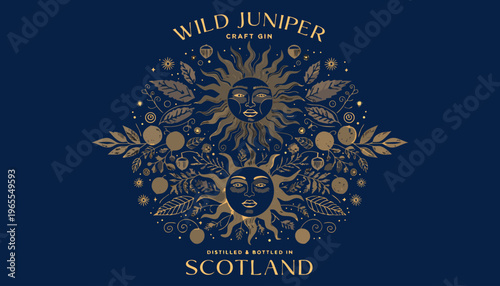 Wild Juniper Craft Gin label with sun and moon design