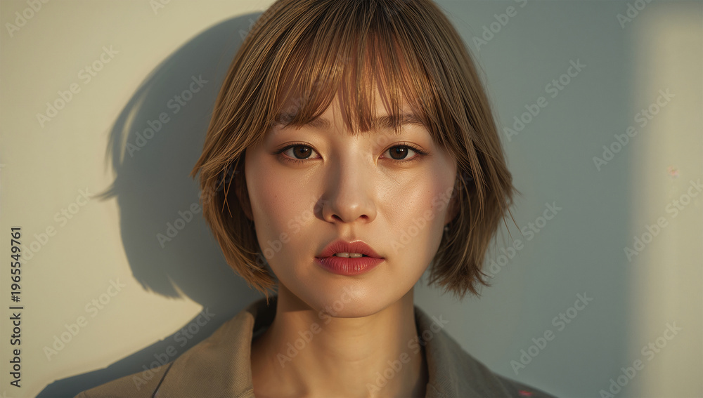 Naklejka premium 冬の柔らかな光に包まれて壁際に佇む金髪女性の肖像写真
