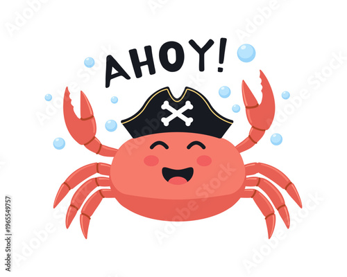 Cute cartoon pirate crab with black hat and skull bones saying ahoy surrounded by bubbles, cheerful coral red crustacean character illustration for marine nautical ocean sea theme
