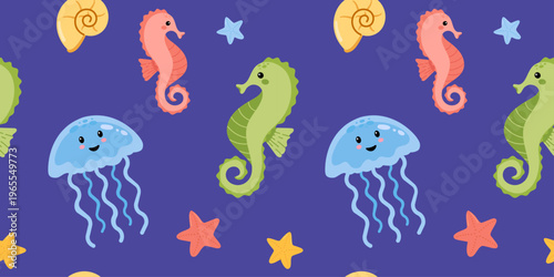Cute sea creatures seamless pattern with seahorses jellyfish starfish and shells on purple background, adorable ocean animals cartoon style vector illustration for kids textile design