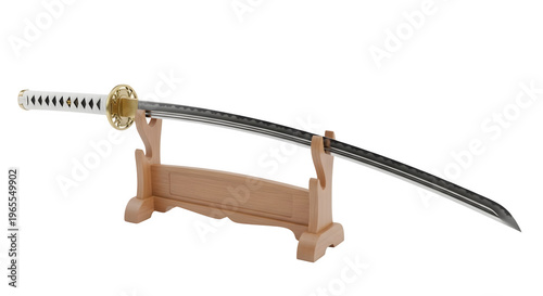 A katana sword rests on a wooden stand against a transparent background.