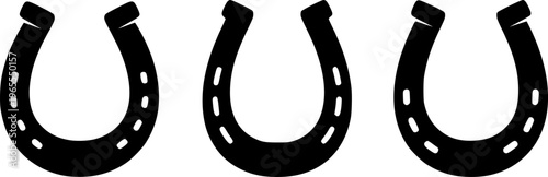 Set of three vector black silhouettes of horseshoes isolated on a white background.