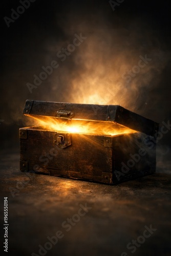 Glowing treasure chest with light inside dark scene mystery magic discovery concept