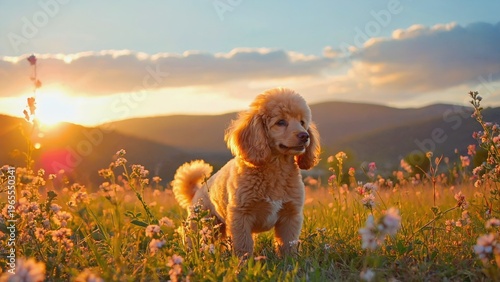 Small poodle standing in meadow with wildflowers during sunset with rolling hills in background