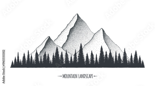 Mountain Landscape - hand drawn forest and peaks illustration