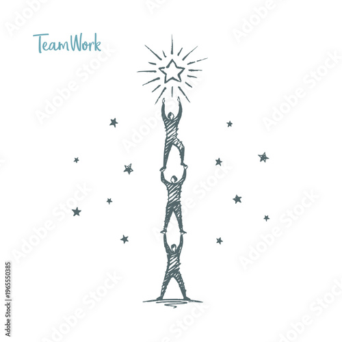 Teamwork Sketch - people reaching shining star illustration