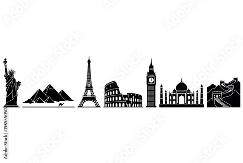 vector of famous landmarks including statue of liberty pyramids eiffel tower colosseum big ben taj mahal great wall