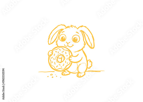 Cute Bunny Rabbit Holding Donut Vector - Hand-Drawn Minimalist Hare Character Illustration