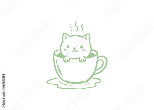 Cute Kitten in Coffee Cup Vector - Hand-Drawn Minimalist Cat and Mug Illustration